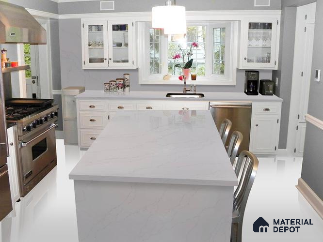 Belina Quartz QR 00176 C Silver Mist Calacatta Value Series 10.5 ft x 2.62 ft Quartz - 20 mm | 5 Years Warranty | Suitable for Kitchen, Restaurant, Counter Tops, Dining, Reception, office