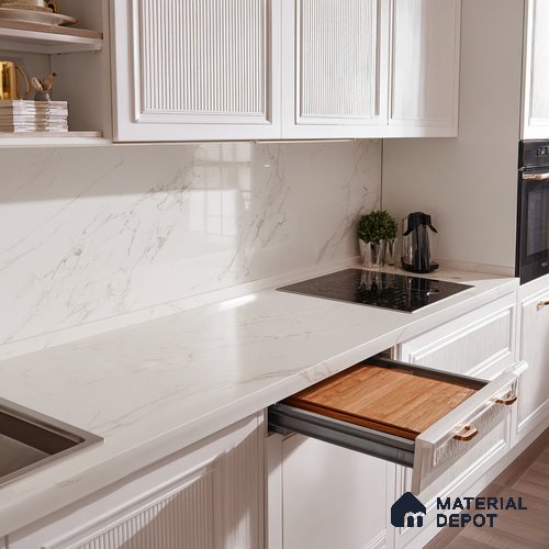 Belina Quartz QR 00276 Calacatta Siena Oro Helsinki Series 10.5 ft x 5.35 ft Quartz - 20 mm | 10 Years and Replacement Warranty | Suitable for Kitchen, Restaurant, Counter Tops, Dining, Reception, office