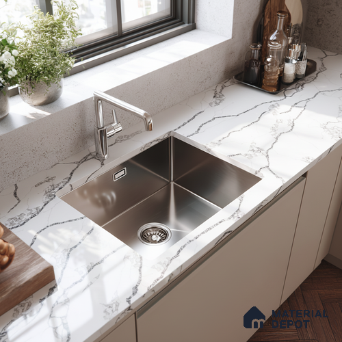 Belina Quartz QR 00296 Calacatta Marina Verona Helsinki Series 10.5 ft x 5.35 ft Quartz - 20 mm | 10 Years and Replacement Warranty | Suitable for Kitchen, Restaurant, Counter Tops, Dining, Reception, office