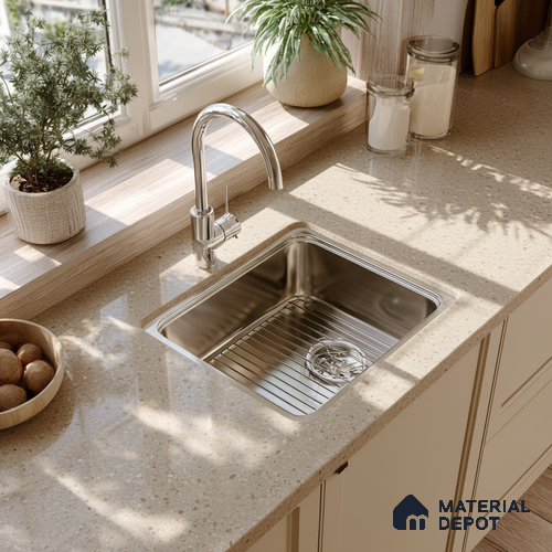 Belina Quartz QR 00317 Cream Glacier Helsinki Series 10.5 ft x 5.35 ft Quartz - 20 mm | 10 Years and Replacement Warranty | Suitable for Kitchen, Restaurant, Counter Tops, Dining, Reception, office