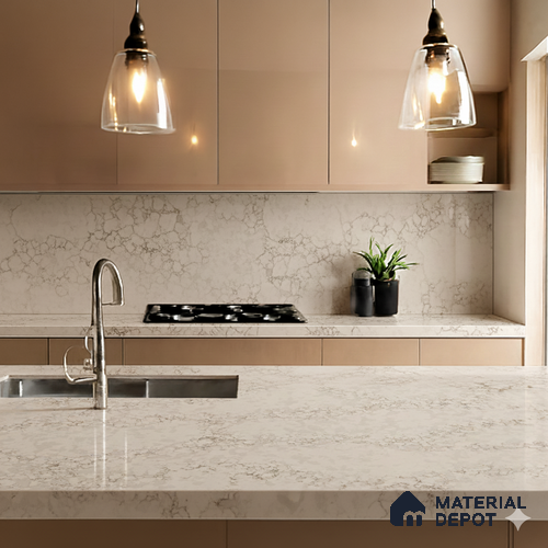 Belina Quartz QR 00282 Calacatta Belluno Grey Helsinki Series 10.5 ft x 5.35 ft Quartz - 20 mm | 10 Years and Replacement Warranty | Suitable for Kitchen, Restaurant, Counter Tops, Dining, Reception, office