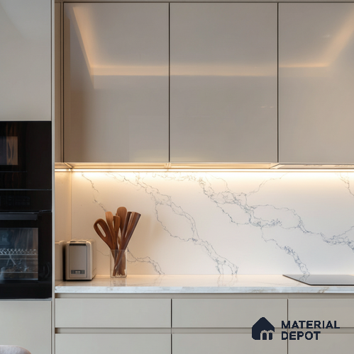 Belina Quartz QR 00079 Calacatta Cobalt Vein Viola Series 10.75 ft x 5.42 ft Quartz - 20 mm | 7 Years Warranty | Suitable for Kitchen, Restaurant, Counter Tops, Dining, Reception, office