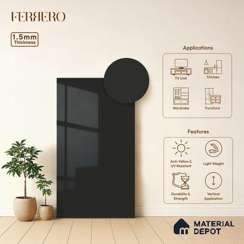 Jet Black Solid Color Acrylic Laminate LM 24350 8 ft x 4 ft High Gloss Finish - 1.5 mm | Matching Edgeband code - EB 02132 | Suitable for Living Room, Kitchen, Office