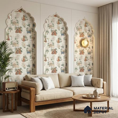 Beige Digital look LM 23935 Vrindavana Pichwai Art 8 ft x 4 ft Texture Finish Decorative Laminate - 1 mm | Suitable for Living room,TV Unit, Highlighter Wall, Wardrobe, Feature Wall
