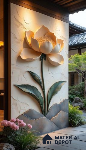 HR 00362 3D Lotus Flower Wall Art Decorative Duco Paintable 8.5 ft x 4.91 ft HDHMR Panel - 30 mm