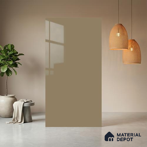 Beige Solid Colors look Ferrero 1E246 HGL Warm Taupe Beige 8 ft x 4 ft High Gloss Finish Decorative Laminate - 1 mm | Suitable for Living Room, Kitchen, Office | Matching E3 Edgeband Code - (1056)