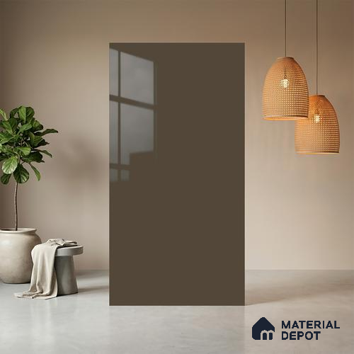 Brown Solid Colors look Ferrero 1E233 HGL Olive Toned Sand 8 ft x 4 ft High Gloss Finish Decorative Laminate - 1 mm | Suitable for Living Room, Kitchen, Office | Matching E3 Edgeband Code - (1053)