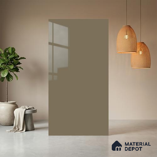 Grey Solid Colors look Ferrero 1E232 HGL Soft Greige Mist 8 ft x 4 ft High Gloss Finish Decorative Laminate - 1 mm | Suitable for Living Room, Kitchen, Office | Matching Prism Edgeband Code - (10140)