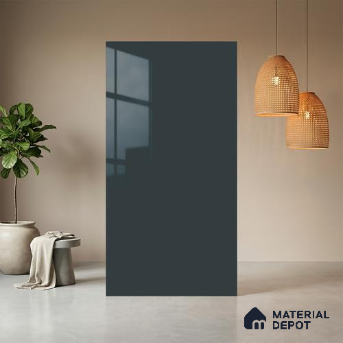 Blue Solid Colors look Ferrero 1E199 HGL Stormy Steel Blue 8 ft x 4 ft High Gloss Finish Decorative Laminate - 1 mm | Suitable for Living Room, Kitchen, Office | Matching E3 Edgeband Code - (1040 HG)