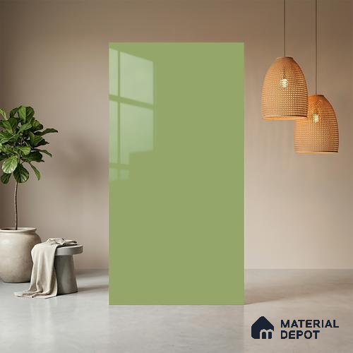 Green Solid Colors look Ferrero 1E243 HGL Spring Green 8 ft x 4 ft High Gloss Finish Decorative Laminate - 1 mm | Suitable for Living Room, Kitchen, Office | Matching E3 Edgeband Code - (1018)