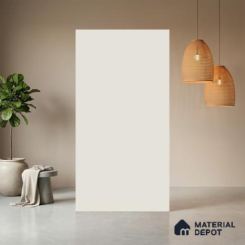 Beige Solid Colors look Ferrero 1E101 SF Frosted Snow White 8 ft x 4 ft Suede Finish Decorative Laminate - 1 mm | Suitable for Living Room, Kitchen, Office | Matching Prism Edgeband Code - (10101)