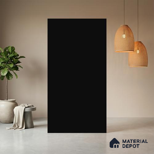 Black Solid Colors look Ferrero 1E190 SMT Midnight Charcoal 8 ft x 4 ft Satin Matt Finish Decorative Laminate - mm | Suitable for Living Room, Kitchen, Office | Matching Prism Edgeband Code - (10110 SHGL)