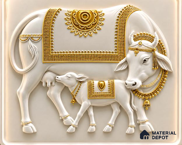 Golden Gau Mata & Calf Decorative Wall 5 ft x 7 ft CNC Made HDHMR Panel - 50 mm