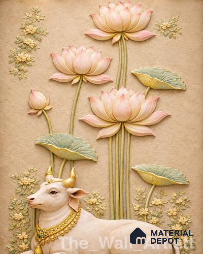 Lotus Nandi Divine Wall Mural 3 ft x 2.5 ft CNC Made HDHMR Panel - 40 mm