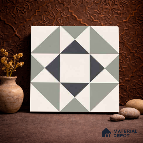 Moroccan Wall & Floor Carpet Center Tile TL 11170 Geometric Sage 1 ft x 1 ft Ceramic Matte Finish Tile - 10 mm | Suitable For Bathroom, Balcony & Kitchen Backsplash