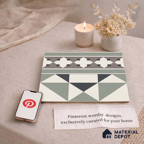 Moroccan Wall & Floor Carpet Border Tile TL 11171 Sage Mosaic Border 1 ft x 1 ft Ceramic Matte Finish Tile - 10 mm | Suitable For Bathroom, Balcony & Kitchen Backsplash