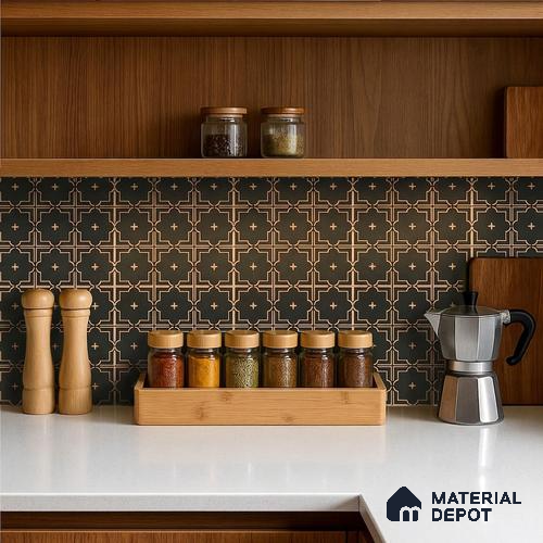 Moroccan Wall & Floor Tile TL 11106 Noir Trellis 1 ft x 1 ft Ceramic Matte Finish Tile - 10 mm | Suitable For Bathroom, Balcony & Kitchen Backsplash