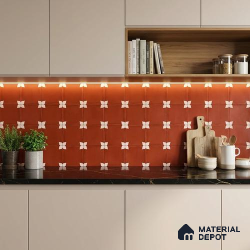 Moroccan Wall & Floor Athangudi Highlighter Tile TL 11129 Terracotta Petal 1 ft x 1 ft Ceramic Matte Finish Tile - 10 mm | Suitable For Bathroom, Balcony & Kitchen Backsplash