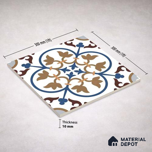 Moroccan Wall & Floor Tile TL 11105 Cordoba Fleur 1 ft x 1 ft Ceramic Matte Finish Tile - 10 mm | Suitable For Bathroom, Balcony & Kitchen Backsplash