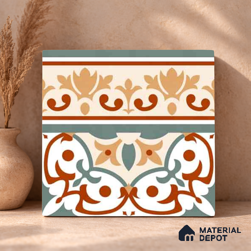 Moroccan Wall & Floor Carpet Border Tile TL 11168 Verdant Baroque 1 ft x 1 ft Ceramic Matte Finish Tile - 10 mm | Suitable For Bathroom, Balcony & Kitchen Backsplash