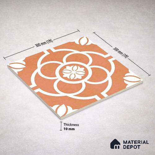 Moroccan Wall & Floor Tile TL 11123 Terracotta Bloom 1 ft x 1 ft Ceramic Matte Finish Tile - 10 mm | Suitable For Bathroom, Balcony & Kitchen Backsplash