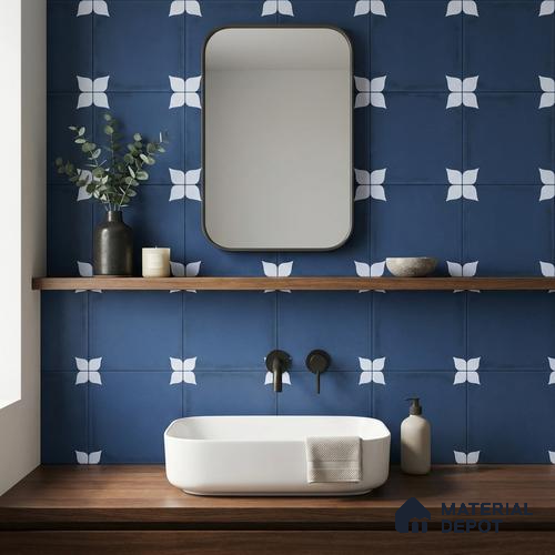 Moroccan Wall & Floor Athangudi Highlighter Tile TL 11182 Indigo Petal 1 ft x 1 ft Ceramic Matte Finish Tile - 10 mm | Suitable For Bathroom, Balcony & Kitchen Backsplash