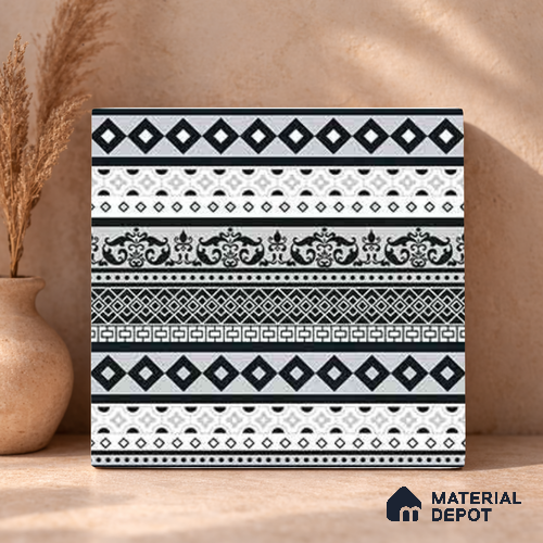 Moroccan Wall & Floor Carpet Border Tile TL 11149 Monochrome Tapestry 1 ft x 1 ft Ceramic Matte Finish Tile - 10 mm | Suitable For Living Room, Kitchen, Dining Area