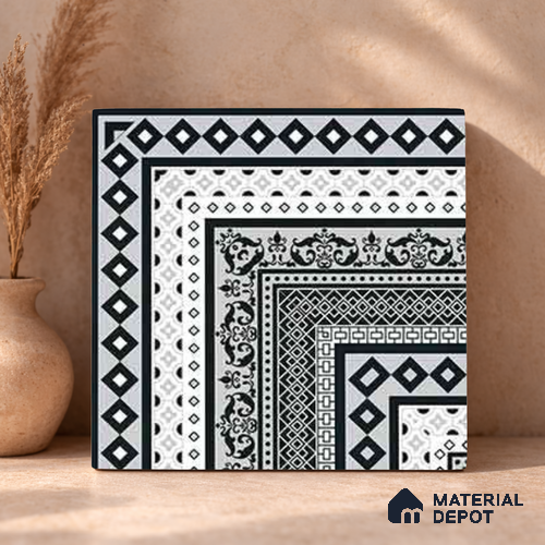 Moroccan Wall & Floor Carpet Corner Tile TL 11150 Monochrome Manor 1 ft x 1 ft Ceramic Matte Finish Tile - 10 mm | Suitable For Living Room, Kitchen, Dining Area