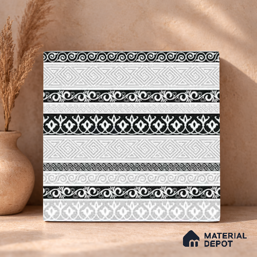 Moroccan Monochrome Wall & Floor Carpet Border Tile TL 11145 Aegean Border 1 ft x 1 ft Ceramic Matte Finish Tile - 10 mm | Suitable For Living Room, Kitchen, Dining Area