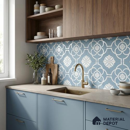 Moroccan Wall & Floor Tile TL 11124 Azure Petal 1 ft x 1 ft Ceramic Matte Finish Tile - 10 mm | Suitable For Bathroom, Balcony & Kitchen Backsplash