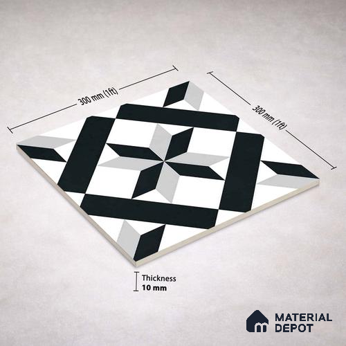 Moroccan Wall & Floor Tile TL 11138 Monochrome Star 1 ft x 1 ft Ceramic Matte Finish Tile - 10 mm | Suitable For Bathroom, Balcony & Kitchen Backsplash