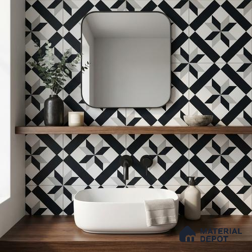 Moroccan Wall & Floor Tile TL 11138 Monochrome Star 1 ft x 1 ft Ceramic Matte Finish Tile - 10 mm | Suitable For Bathroom, Balcony & Kitchen Backsplash