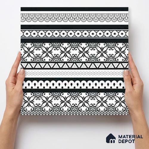 Moroccan Monochrome Wall & Floor Carpet Border Tile TL 11147 Noir Lace Border 1 ft x 1 ft Ceramic Matte Finish Tile - 10 mm | Suitable For Living Room, Kitchen, Dining Area