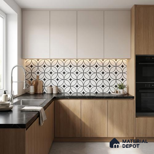 Moroccan Monochrome Wall & Floor Tile TL 11133 Luna Noir 1 ft x 1 ft Ceramic Matte Finish Tile - 10 mm | Suitable For Bathroom, Balcony & Kitchen Backsplash
