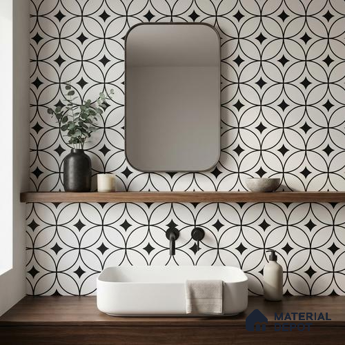Moroccan Monochrome Wall & Floor Tile TL 11133 Luna Noir 1 ft x 1 ft Ceramic Matte Finish Tile - 10 mm | Suitable For Bathroom, Balcony & Kitchen Backsplash