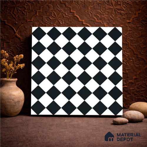 Moroccan Monochrome Wall & Floor Carpet Center Tile TL 11158 Noir Chess 1 ft x 1 ft Ceramic Matte Finish Tile - 10 mm | Suitable For Living Room, Kitchen, Dining Area