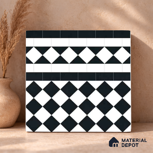 Moroccan Monochrome Wall & Floor Carpet Border Tile TL 11159 Noir Harlequin 1 ft x 1 ft Ceramic Matte Finish Tile - 10 mm | Suitable For Living Room, Kitchen, Dining Area