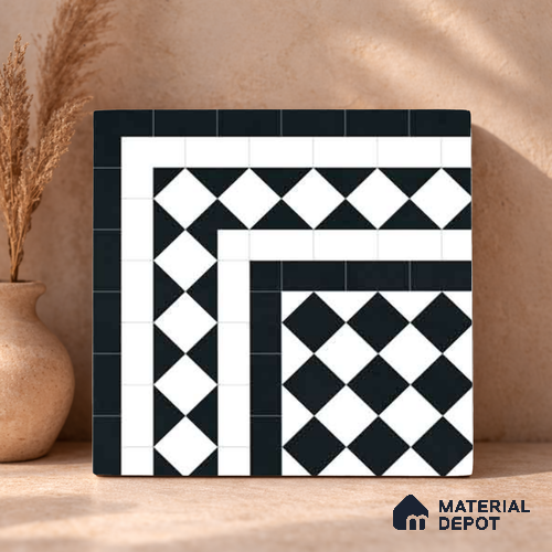 Moroccan Wall & Floor Carpet Corner Tile TL 11160 Monochrome Harlequin 1 ft x 1 ft Ceramic Matte Finish Tile - 10 mm | Suitable For Living Room, Kitchen, Dining Area