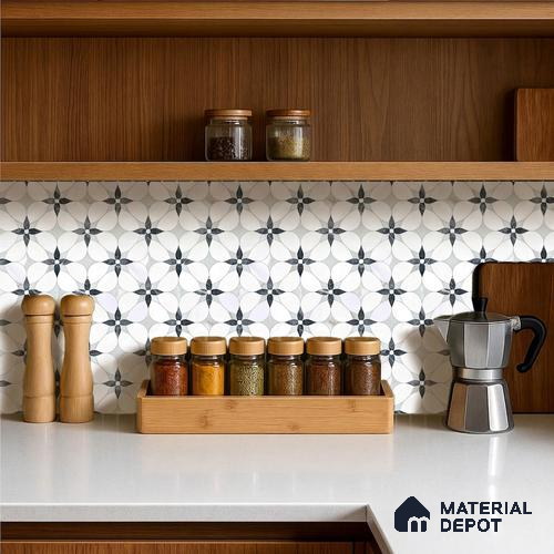 Moroccan Carving Wall & Floor Tile TL 11669 Petal Noir 1 ft x 1 ft Ceramic Carving Matte Finish Tile - 10 mm | Suitable For Bathroom, Dining Area & Kitchen Backsplash