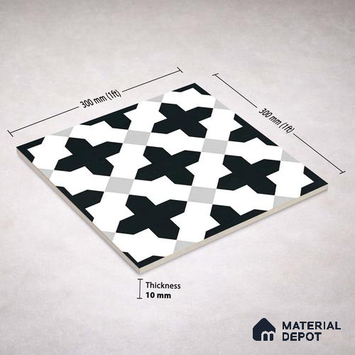 Moroccan Wall & Floor Tile TL 11135 Monochrome Cross 1 ft x 1 ft Ceramic Matte Finish Tile - 10 mm | Suitable For Bathroom, Balcony & Kitchen Backsplash