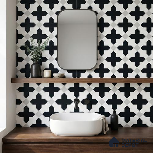 Moroccan Wall & Floor Tile TL 11135 Monochrome Cross 1 ft x 1 ft Ceramic Matte Finish Tile - 10 mm | Suitable For Bathroom, Balcony & Kitchen Backsplash