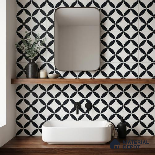 Moroccan Monochrome Wall & Floor Tile TL 11137 Noir Orbit 1 ft x 1 ft Ceramic Matte Finish Tile - 10 mm | Suitable For Bathroom, Balcony & Kitchen Backsplash