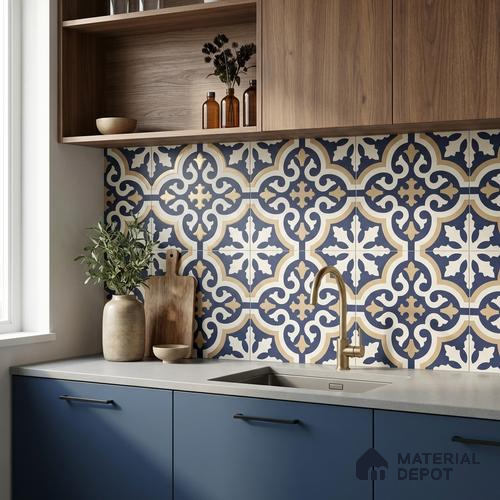 Moroccan Wall & Floor Tile TL 11104 Navy Baroque 1 ft x 1 ft Ceramic Matte Finish Tile - 10 mm | Suitable For Bathroom, Balcony & Kitchen Backsplash