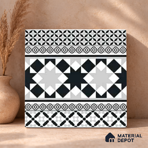 Moroccan Wall & Floor Carpet Border Tile TL 11153 Monochrome Majlis 1 ft x 1 ft Ceramic Matte Finish Tile - 10 mm | Suitable For Living Room, Kitchen, Dining Area