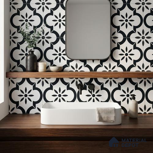 Moroccan Monochrome Wall & Floor Tile TL 11141 Noir Petal 1 ft x 1 ft Ceramic Matte Finish Tile - 10 mm | Suitable For Bathroom, Balcony & Kitchen Backsplash