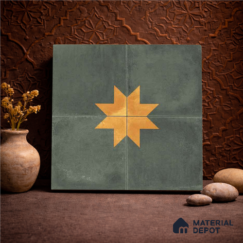 Moroccan Wall & Floor Center 3 Carpet Tile TL 11218 Olive Starburst 1 ft x 1 ft Ceramic Matte Finish Tile - 10 mm | Suitable For Bathroom, Balcony & Kitchen Backsplash