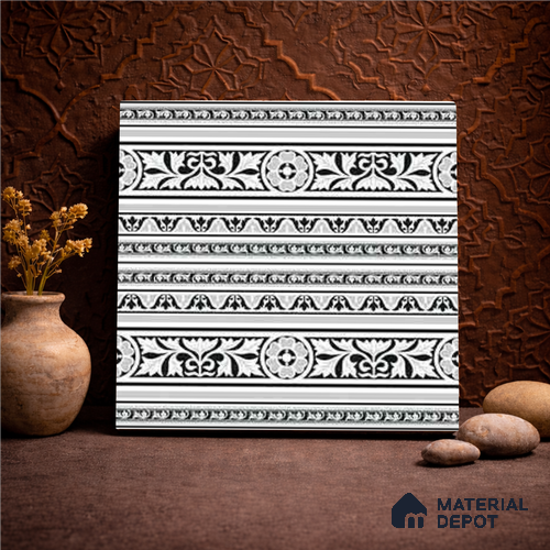 Moroccan Monochrome Wall & Floor Carpet Border Tile TL 11151 Ornate Laurel 1 ft x 1 ft Ceramic Matte Finish Tile - 10 mm | Suitable For Living Room, Kitchen, Dining Area