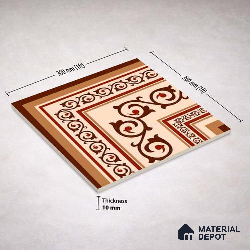 Moroccan Wall & Floor Carpet Corner Tile TL 11178 Russet Arabesque 1 ft x 1 ft Ceramic Matte Finish Tile - 10 mm | Suitable For Bathroom, Balcony & Kitchen Backsplash