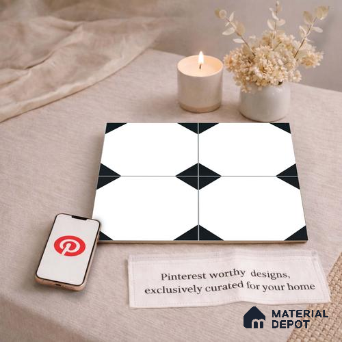 Moroccan Monochrome Wall & Floor Carpet Center Tile TL 11155 Octave Noir 1 ft x 1 ft Ceramic Matte Finish Tile - 10 mm | Suitable For Living Room, Kitchen, Dining Area