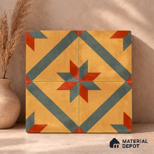 Moroccan Wall & Floor Center 2 Carpet Tile TL 11198 Starburst Mustard 1 ft x 1 ft Ceramic Matte Finish Tile - 10 mm | Suitable For Bathroom, Balcony & Kitchen Backsplash